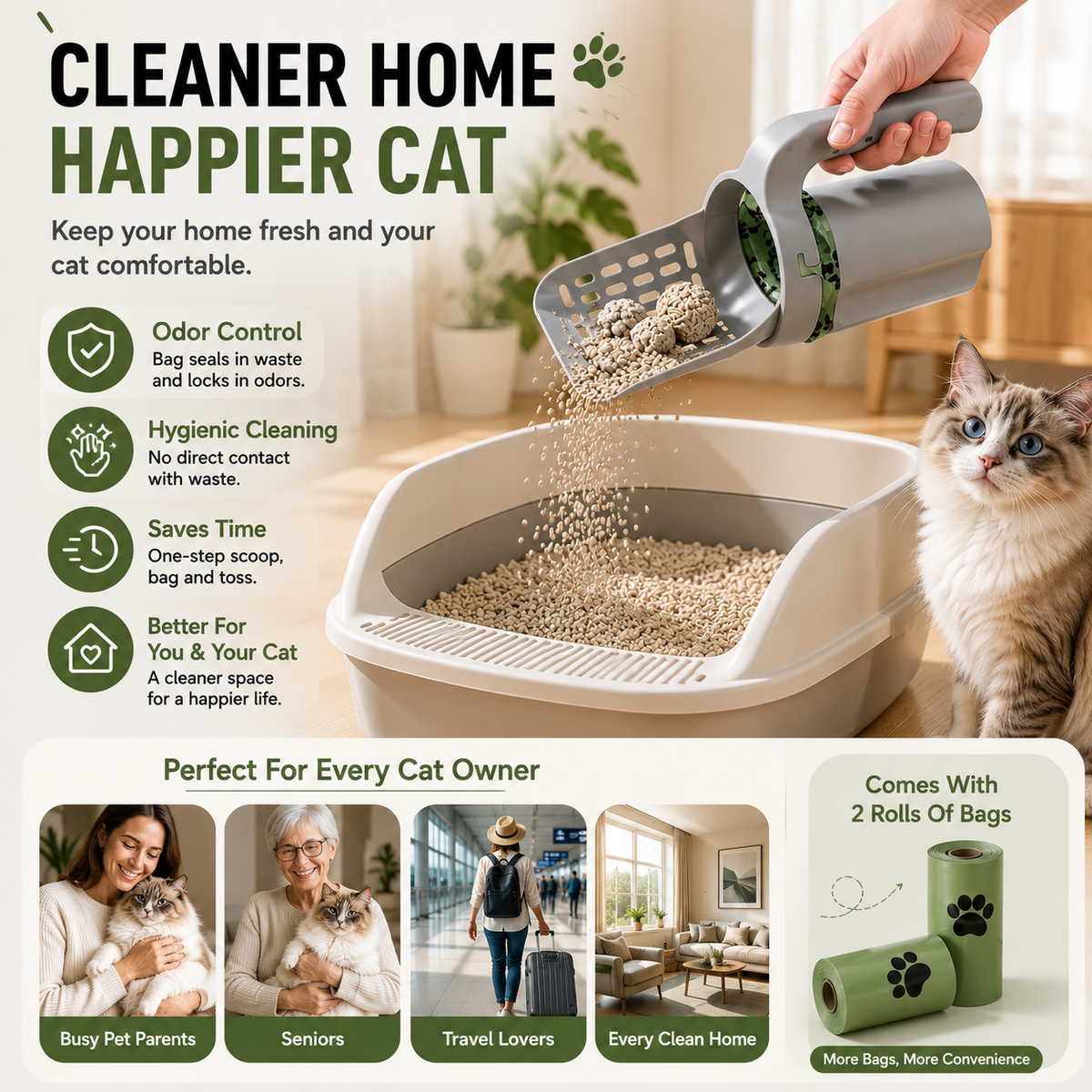 🔥 50% OFF TODAY | All-in-One Cat Litter Scoop with Built-In Waste Bag Holder | Cleaner One-Hand Cat Litter Cleaning Tool