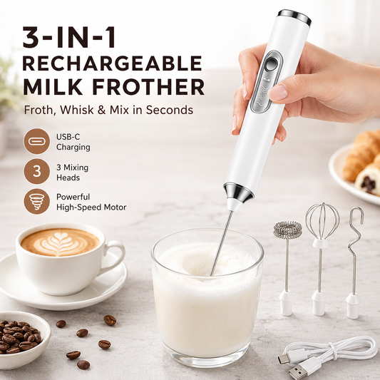 Rechargeable Milk Frother Handheld with 3 Heads 3 Speeds