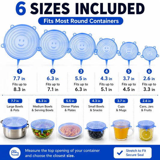 Universal Reusable Silicone Lids 6-Pack Self-Sealing Food Covers