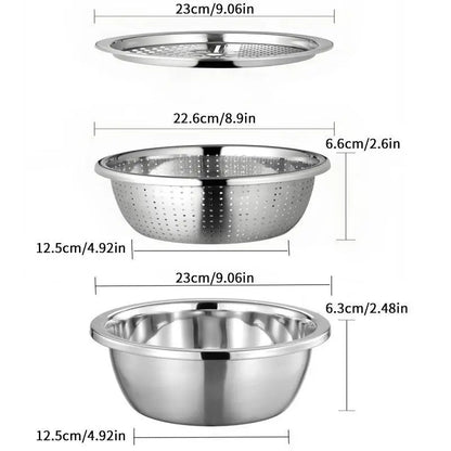 3-in-1 Multifunction Kitchen Strainer Set – Stainless Steel Wash, Drain & Slice Bowl for Fruits, Vegetables & Rice